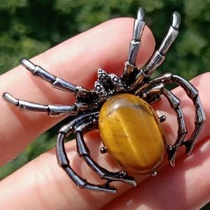 Tigers eye stone silver Spider Pendant Brooch